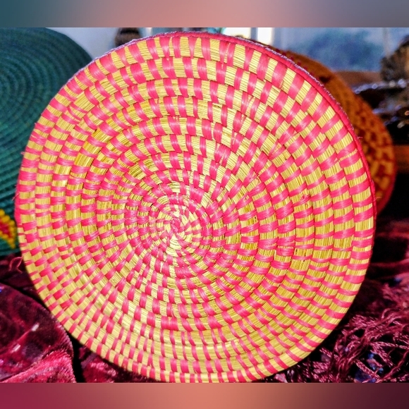 Vintage Bohemian Hand Woven Bright Ener Set Three Basket & Bowls Lids Mint - Picture 6 of 15